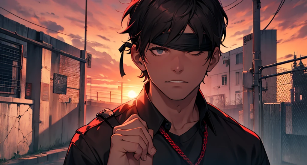Man with handcuffed hands, in prison, with a blindfold written "6X1", background crimson sky