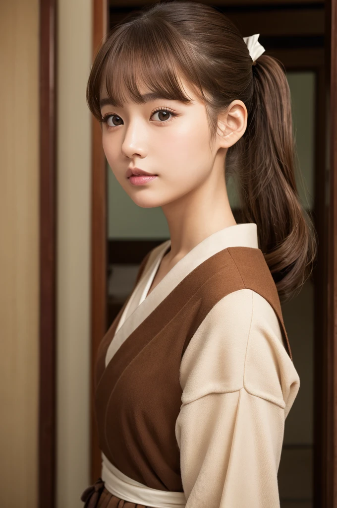 Highest quality、One girl(Brown hair ponytail、Brown eyes)、Wearing hakama、Holding a bow