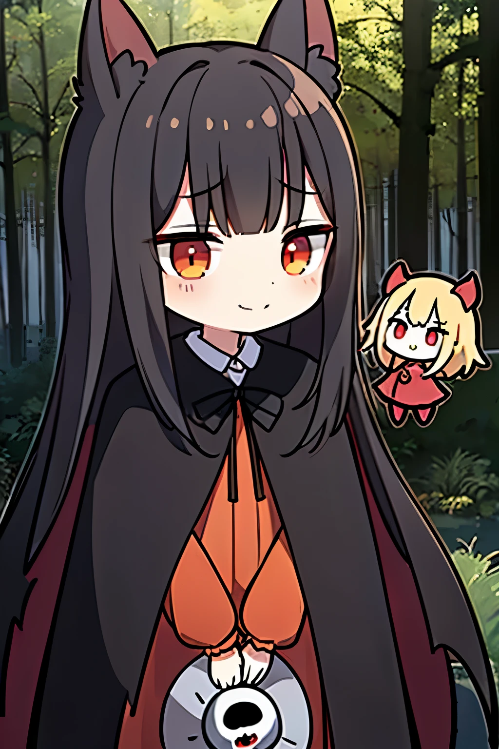 Photorealistic、Cute horror fantasy、Chibi Girl Doll（Devil Cosplay、Wicked Smile、Sagging under the eyes、Long eyebrows、Long nails、Orange eyes、Wear a long, big cloak） BREAK ,background(Musical notes around the doll, (dead tree:1.3), in the forest,shadow　the cardboard\(Bat,Skeleton,Crow\)\)
