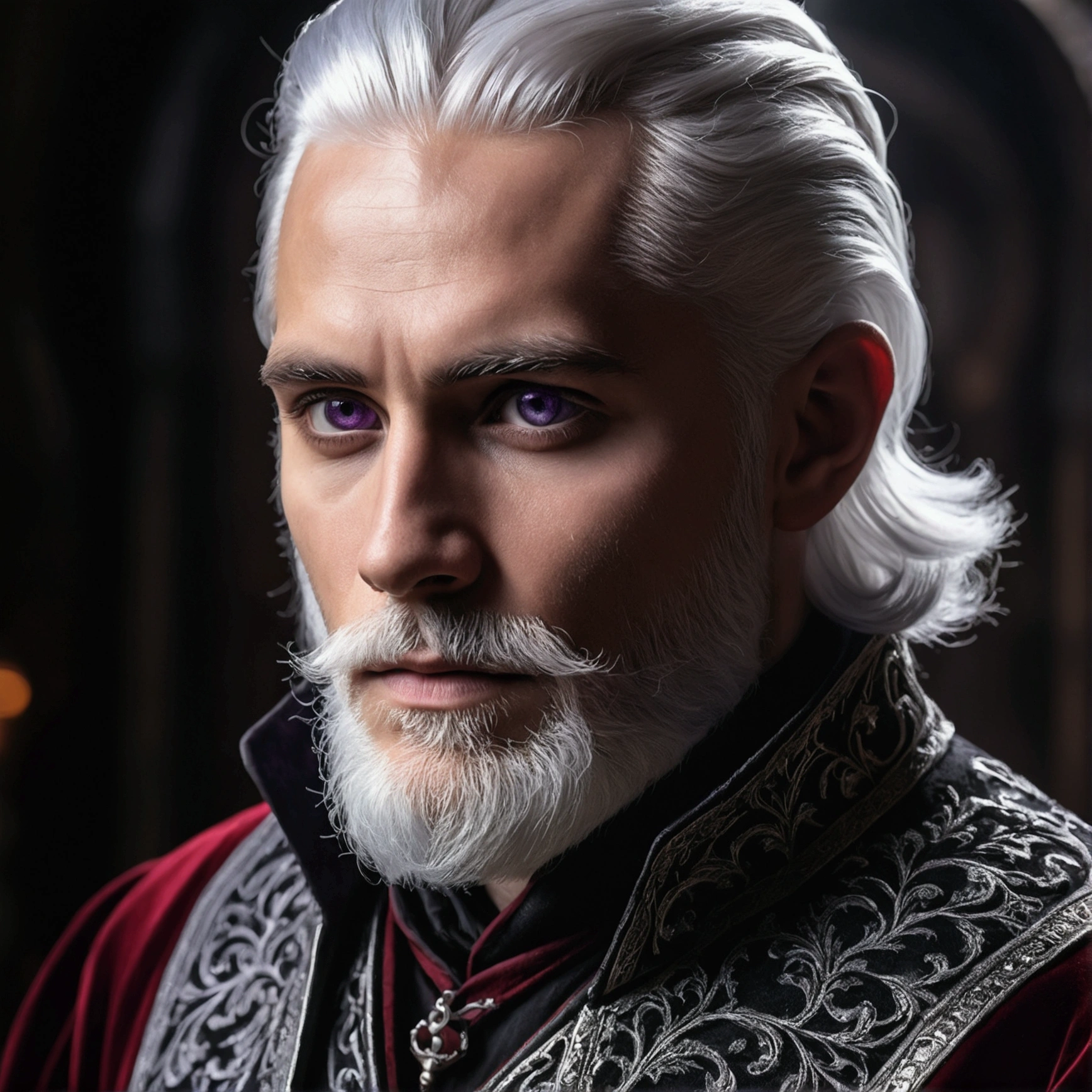 (a 30-year-old man with silver white hair and violet eyes, well-groomed e short silver white beard, wearing luxurious medieval red and black clothes,dramatic lighting,highly detailed,photorealistic,8k,cinematic,dramatic atmosphere,dark fantasy,dramatic pose,chiaroscuro lighting,moody lighting,dramatic shadows,stunning details)