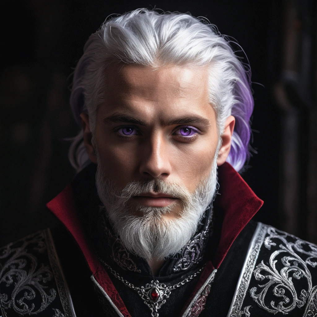 (a 30-year-old man with silver white hair and violet eyes, well-groomed e short silver white beard, wearing luxurious medieval red and black clothes,dramatic lighting,highly detailed,photorealistic,8k,cinematic,dramatic atmosphere,dark fantasy,dramatic pose,chiaroscuro lighting,moody lighting,dramatic shadows,stunning details)