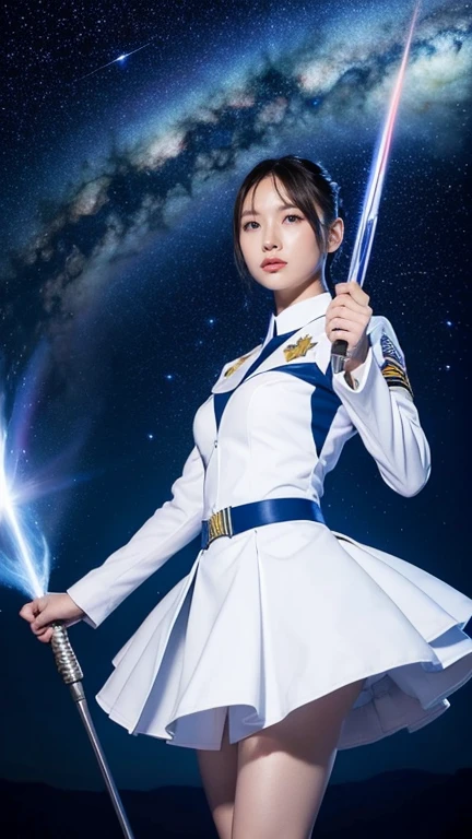 White combat uniform、skirt、Goddess of War、Staff、High resolution、Unknown powers、thunder、Wind、inflammation、muscle、Planetary alignment、Starry Sky、Blue light、Laser beam、God&#39;s Weapon、Diffuse reflection of light、cyber-、Valkyrie、Valkyrie