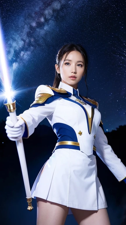 White combat uniform、skirt、Goddess of War、Staff、High resolution、Unknown powers、thunder、Wind、inflammation、muscle、Planetary alignment、Starry Sky、Blue light、Laser beam、God&#39;s Weapon、Diffuse reflection of light、cyber-、Valkyrie、Valkyrie