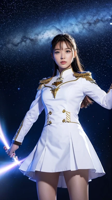 White combat uniform、skirt、Goddess of War、Staff、High resolution、Unknown powers、thunder、Wind、inflammation、muscle、Planetary alignment、Starry Sky、Blue light、Laser beam、God&#39;s Weapon、Diffuse reflection of light、cyber-、Valkyrie