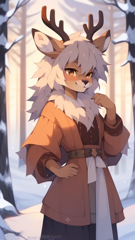 ((by reysi)), Best quality, Super detailed illustration, (fluffy deer boy:1.4) , feminine face and body, disheveled thick hair, warm clothes of the northern peoples, warm colors, decorations on clothes, smug smile, against the backdrop of a winter forest and high snow-capped mountains ,a femboy ,small waist, wide hips, slim, perfect body,
