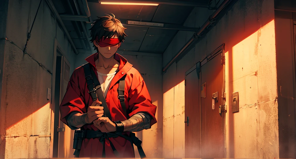Man with handcuffed hands, in prison, with a blindfold written "6X1", background crimson sky