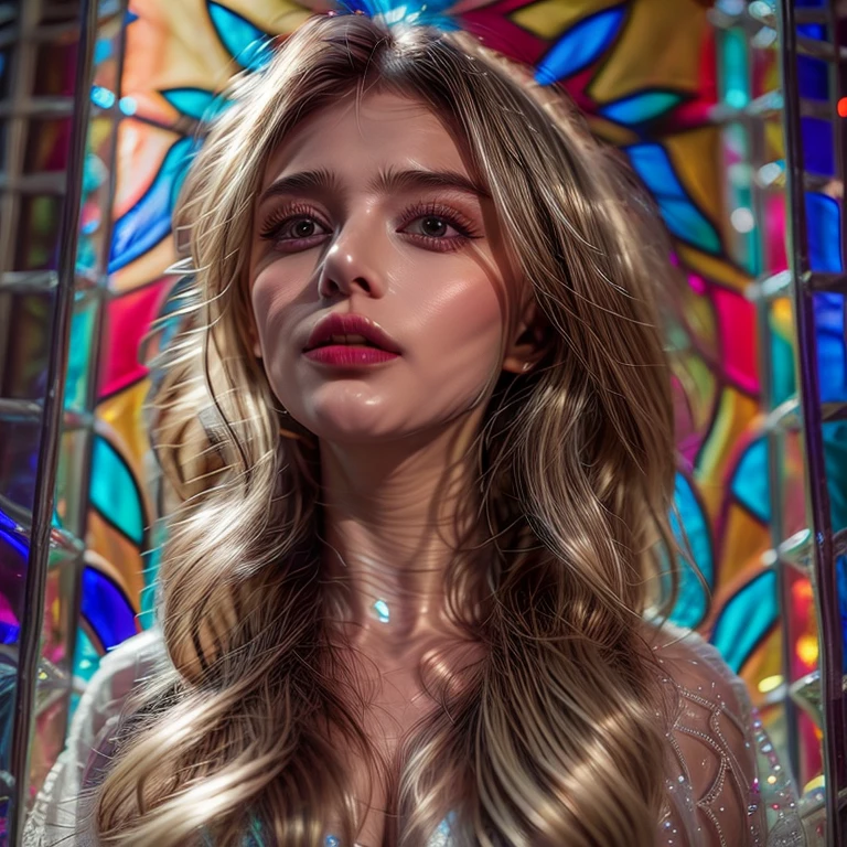 (Cathedral from below:1.28) (BokeH ZoomLayer) TopQuality 8K masterpiece of ((Professional photo)), (((Clarisse de Cagliostro))) (Detailed White WeddingDresses), Chain, (CloseUp of (Extremely detailed (KAWAII face))) {((VeiledFace))|BlondeHair|(Elaborate BuleEyes)with(SparklingHighlights:1.28)}, The background is distant (((Elaborate stained glass))) Rainbow Glass, {(MysticSight)|EnchantingAtmosphere|Haze|(GodRays)|TyndallEffect}, Radiant PearlSkin with Transparency, (Exposed:0.39), BluB