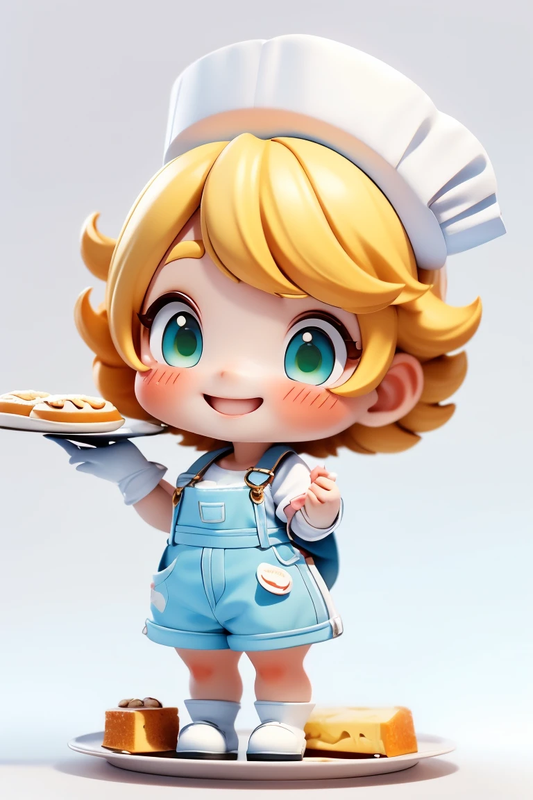 Adorable and cute , with Thermal Kitchen Gloves on both hands, holding baking pan filled with cheese bread. happy with a wide smile of happiness, proud. Full, flushed cheeks. Pure white image background. ultra quality. Dressed in pastry chef outfit with white chef hat and light blue tiara. great smile. Full-body image, Normal legs, little black shoes. short blonde hair, greeneyes, light blue chef overalls, holding plate with pile of rolls and cheese balls .