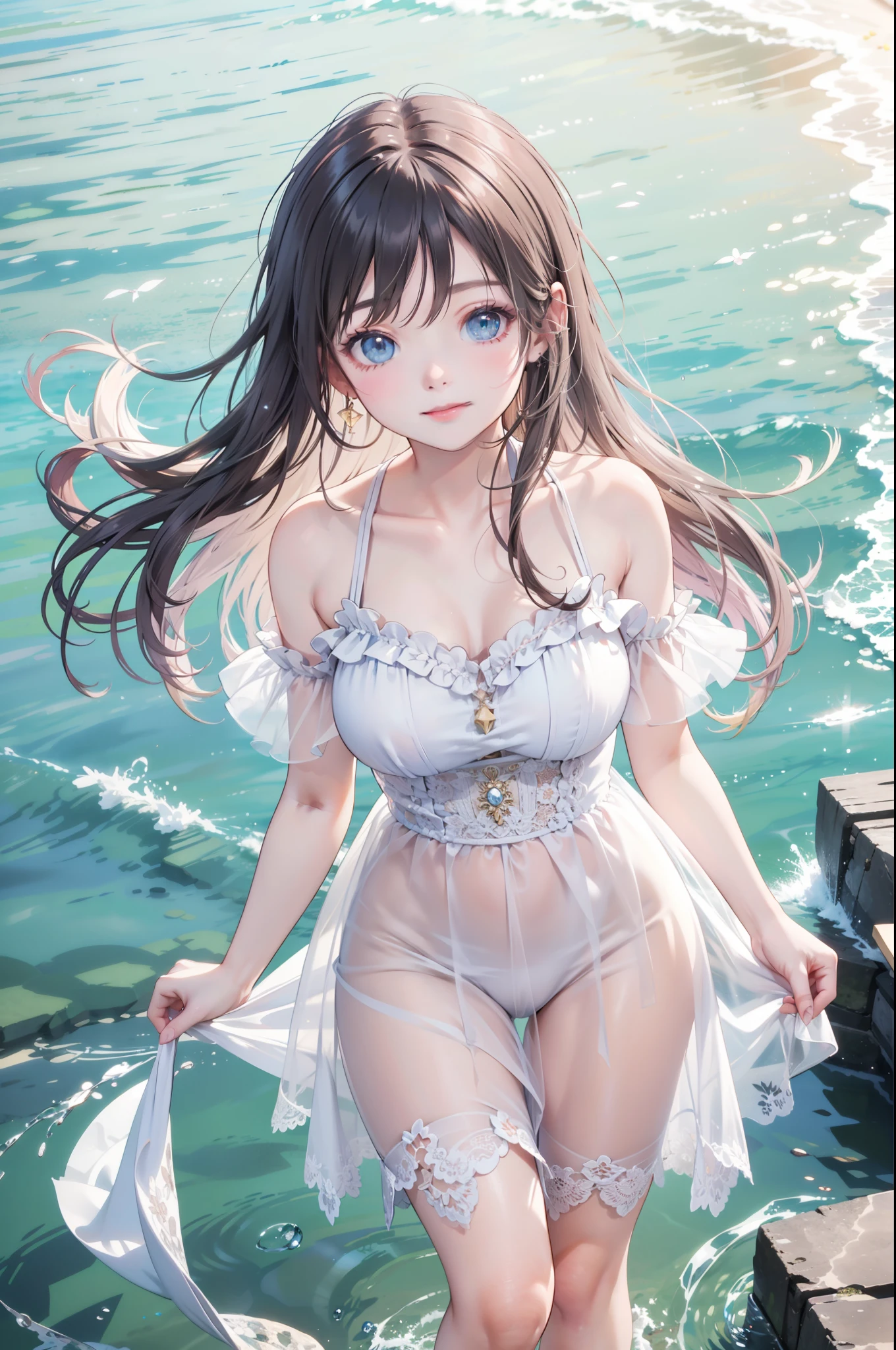 RAW Photos, Realistic, Ultra-realistic, beautiful girl, large sparkling eyes, smiling, white lace gothloli dress, standing in ocean, summer, clear blue sky, crystal clear water, flowing long smooth hair, gentle breeze, soft lighting, sun shining, 2.5D illustration, highly detailed, award-winning artwork, serene, peaceful, ethereal, Highest quality, masterpiece, Ultra-high resolution, 8K