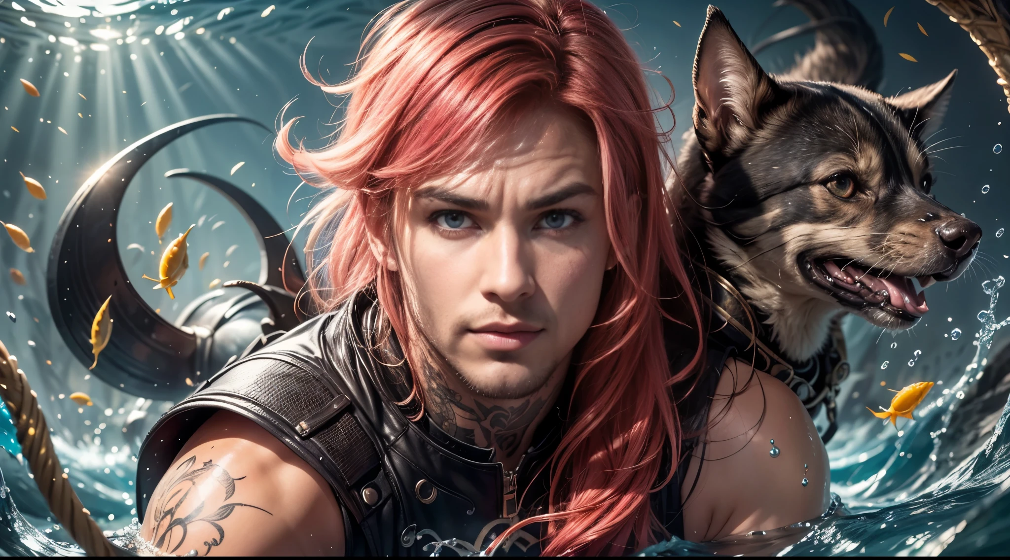 A strong man, short pink hair, short beard, has orange eyes, is underwater, has tattoos all in shades of black, has a golden trident, realistic drawing style, focus on the face