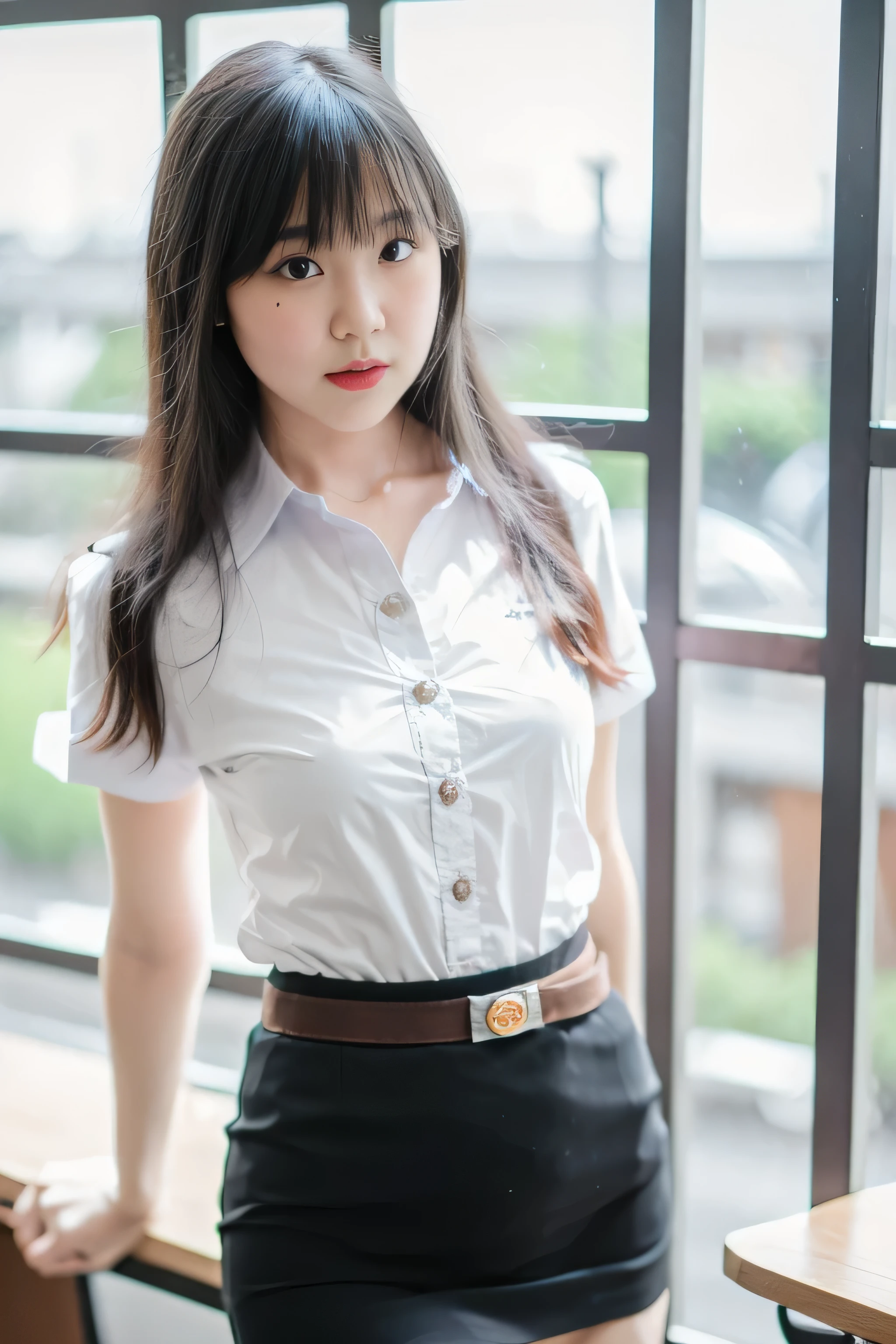 Close up,1 girl{{A beautiful girl wearing a white short-sleeved shirt and a black short A-line skirt}} stood in the classroom.  sexy poses  with several lecture tables set up behind it  There is a sliding glass window.  There was evening light streaming into the room.