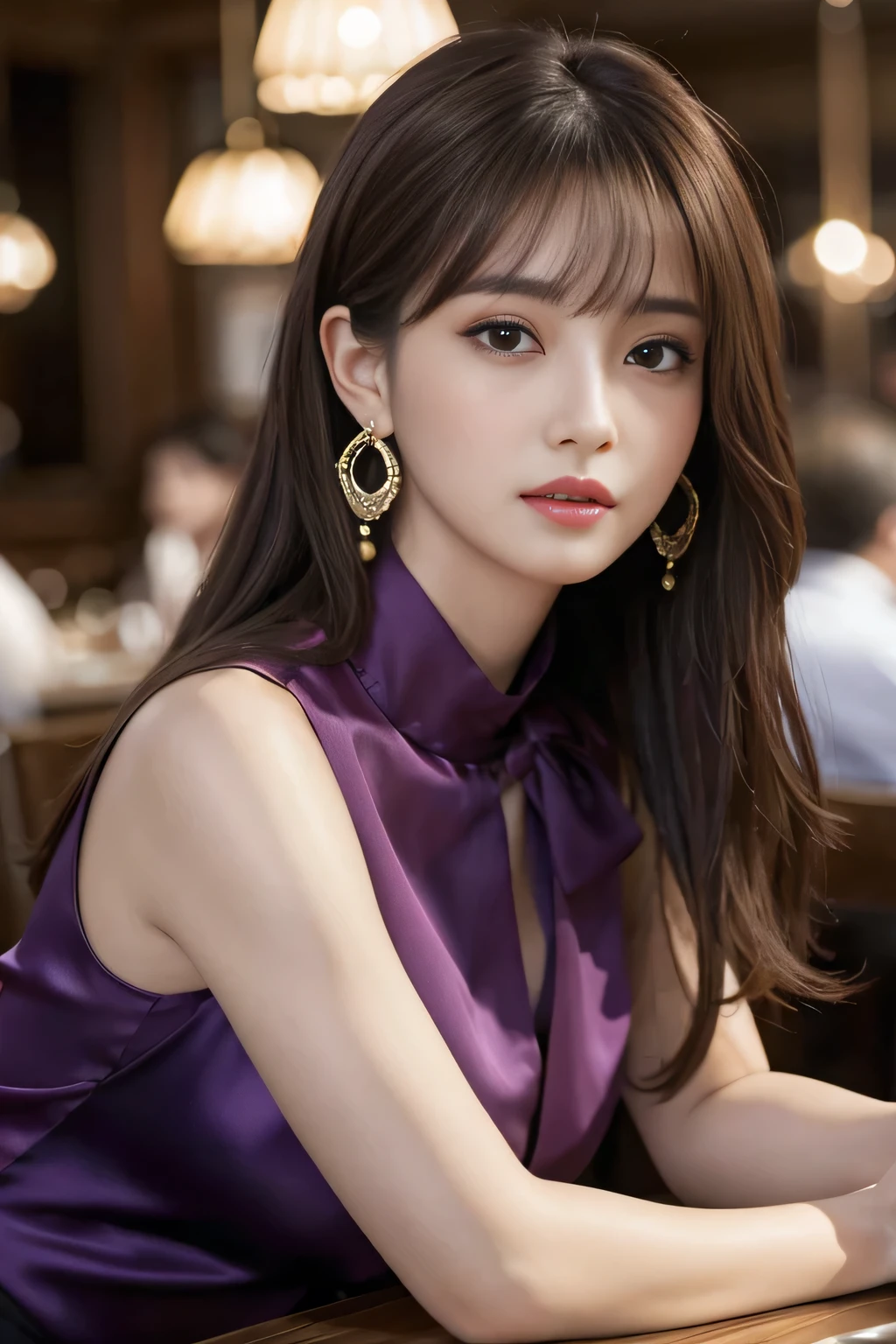 masterpiece, Highest quality, Realistic, Very detailed, Finer details, High resolution, 8k wallpaper, One beautiful woman, Wear a pretty colored silk shirt, In a great restaurant, At night, Light brown messy hair, Perfect dynamic composition, Beautiful and beautiful eyes、Big earrings、chest、Sleeveless shirt、