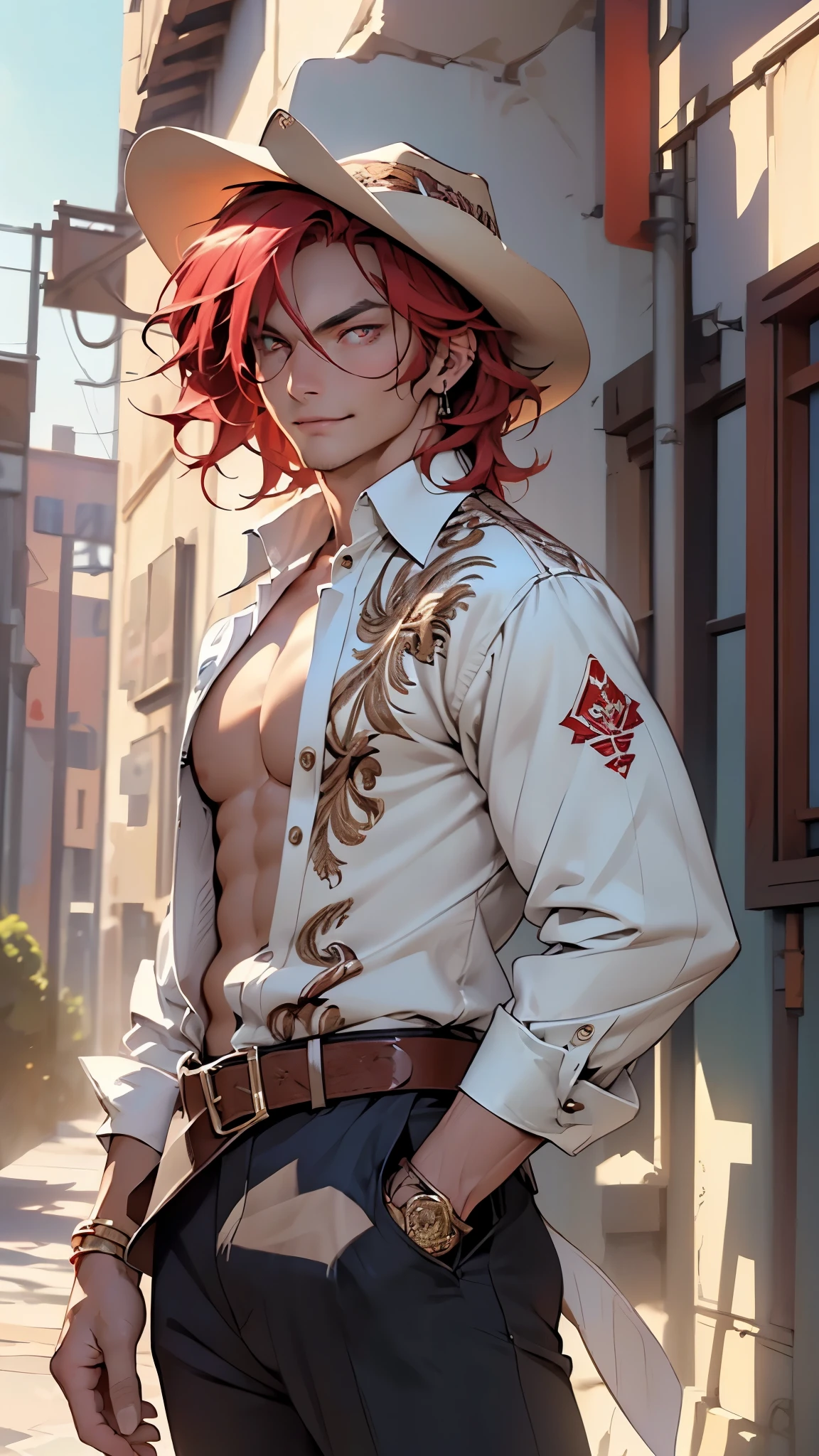 (man:1.5),1 man,cowboy western gunslinger,(((1man))),((man with messy red hair)),

(((1male,man:1.5,handsome man,male,male gender:1.5,male focus))),macho man,((messy red hair,detailed hair,highly detailed hair,red hair,hair over one eye:1.2,colored inner hair)),(((dark_red_eyes:1.2))),intricate eyes,beautiful detailed eyes,symmetrical eyes,(((lustrous skin:1.5,tanned skin,bright skin: 1.5,skin tanned,shiny skin,very shiny skin,shiny body,illuminated skin))),((man chest)),handsome face,((muscular)),(detailed face),

nsfw,

(((bare chest))),dark pants,((bulge in pants)),((gunfighter outfit, (cowboy western hat:1.2))),(wearing a gunfighter outfit:1.3,gunslinger clothes),(cowboy western gun holster,belt),((intricate outfit,intricate clothes)),

(dynamic pose:1.0),solo focus,((evil smile,evil look)),(centered,scale to fit dimensions,Rule of thirds),

outdoors,(in the mountains. Nevada desert visible. sunset),scenery,extremely scenery,(sunset, golden hour),

(Glossy old western ornaments),highres,sharp focus,(ultra detailed,extremely detailed),(photorealistic artwork:1.37),(extremely detailed CG unity 8k wallpaper),(((vibrant colors,vibrant theme))),(intricate),(masterpiece),(best quality),artistic photography,(photography taken by sldr),(intricate background),perfect rendered face,perfect face details,realistic face,photo realistic,((intricate detail)),(((realism))),
