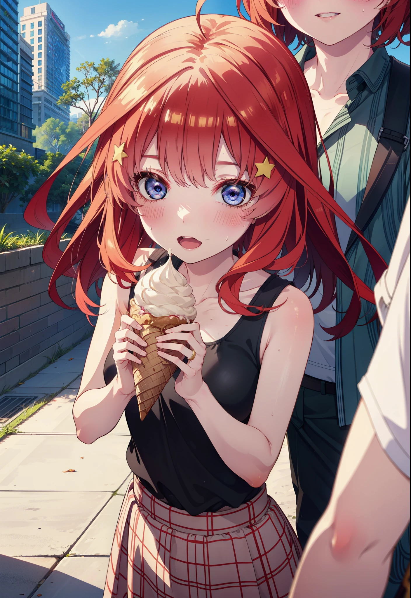 itsukinakano, Itsuki Nakano, bangs, blue eyes, Long Hair,Hair between the eyes, Ahoge, Redhead, star \(symbol\), hair ornaments, star hair ornaments,ハイビスカスのhair ornaments,Red Tank Top,Long skirt,Heeled Sandals,Walking,smile,blush,Open your mouth,Eating ice cream,Holding ice cream in one hand,whole bodyがイラストに入るように,Palm tree,True Summer,Clear skies,
break outdoors,Building district,tropical,
break looking at viewer,whole body ,
break (masterpiece:1.2), Highest quality, High resolution, unity 8k wallpaper, (figure:0.8), (Beautiful attention to detail:1.6), Highly detailed face, Perfect lighting, Highly detailed CG, (Perfect hands, Perfect Anatomy),