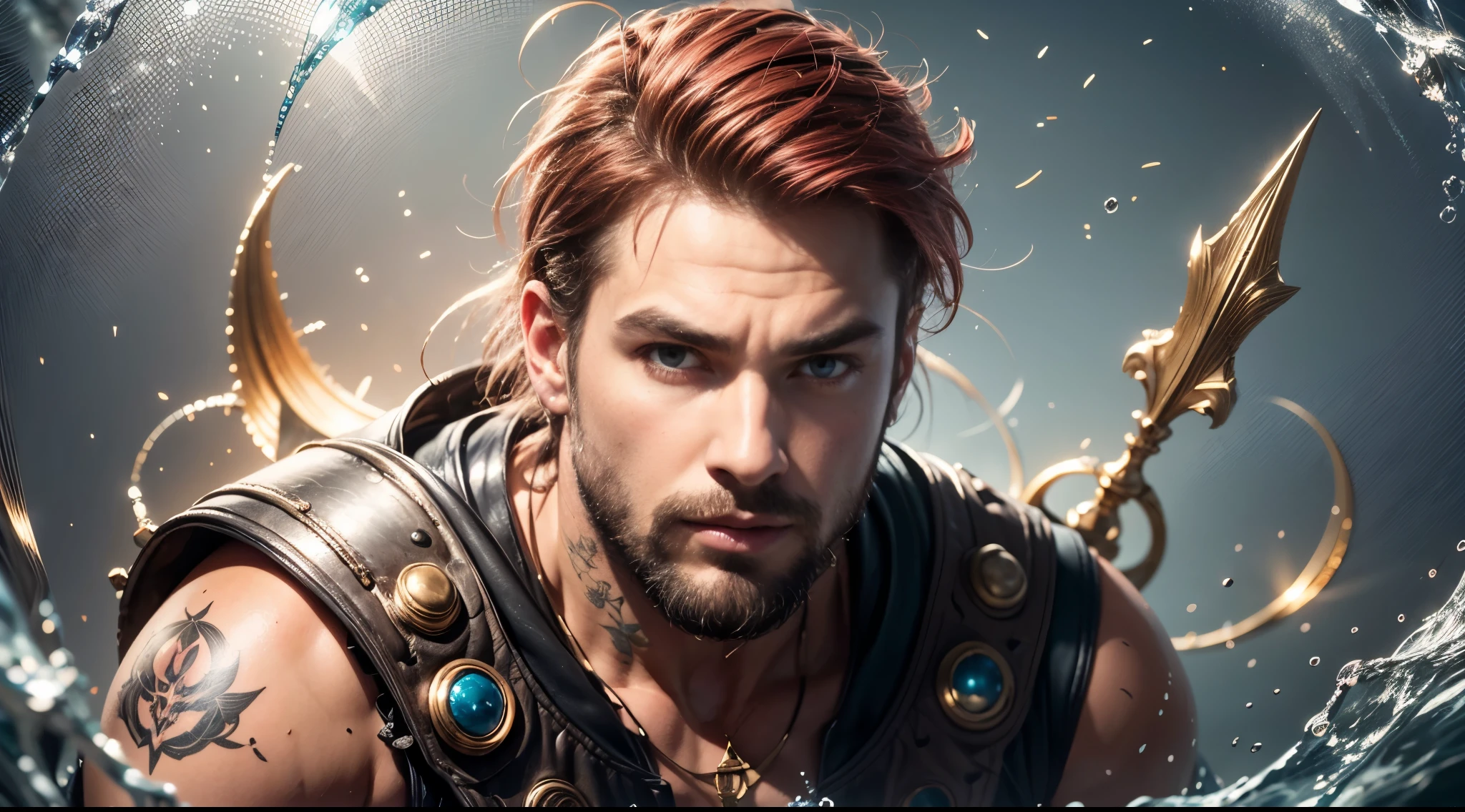 A strong man, short pink hair, short beard, has orange eyes, is underwater, has tattoos all in shades of black, has a golden trident, realistic drawing style, focus on the face