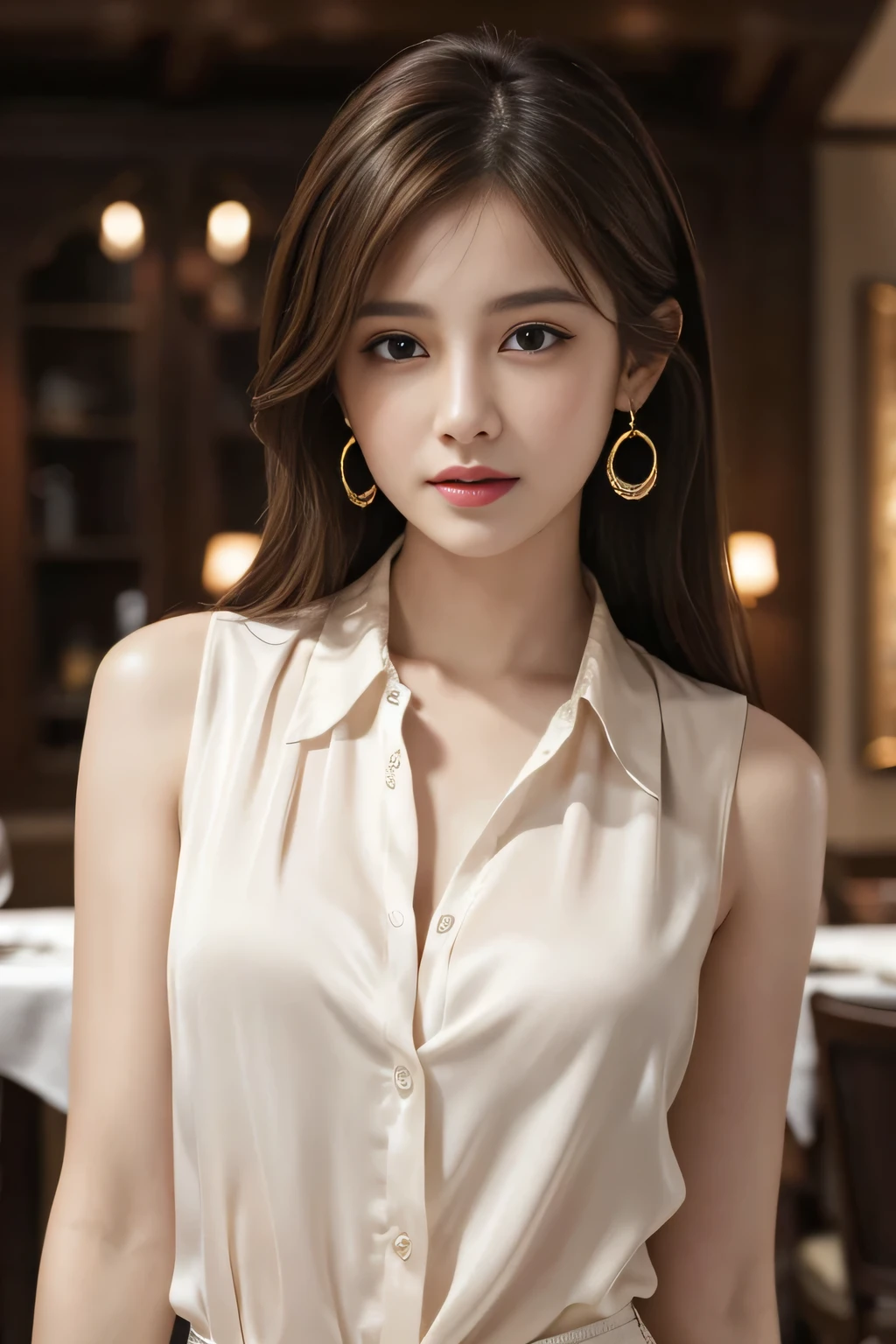 masterpiece, Highest quality, Realistic, Very detailed, Finer details, High resolution, 8k wallpaper, One beautiful woman, Wear a pretty colored silk shirt, In a great restaurant, At night, Light brown messy hair, Perfect dynamic composition, Beautiful and beautiful eyes、Big earrings、chest、Sleeveless shirt、