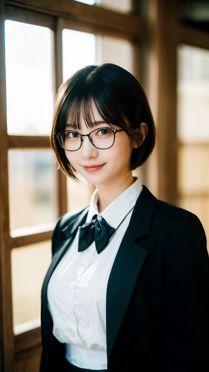 (Highest quality,masterpiece:1.3,Ultra-high resolution),(Very detailed,Caustics,8k),(Realistic:1.4,RAW shooting),A girl dressed as a butler,Japanese,boyish,smile,20-year-old,Short black hair,Glasses,Looking into the camera,Inside the Western-style building,Waist up shot,front,Face Focus,Face close-up,(Warm Light),Professional Writing