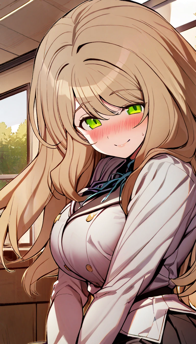 High detailed, 1 girl, solo, nonomi \(blue archive\), cyan eyes,brown hair,long hair, big busty, plump Buson, chunky, yellow genetics's uniform, Juliet sleeves,  deep cleavage, whitet,pleated skirt