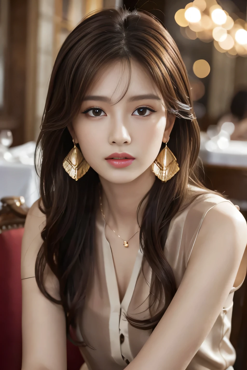 masterpiece, Highest quality, Realistic, Very detailed, Finer details, High resolution, 8k wallpaper, One beautiful woman, Wear a pretty colored silk shirt, In a great restaurant, At night, Light brown messy hair, Perfect dynamic composition, Beautiful and beautiful eyes、Big earrings、chest、Sleeveless shirt、