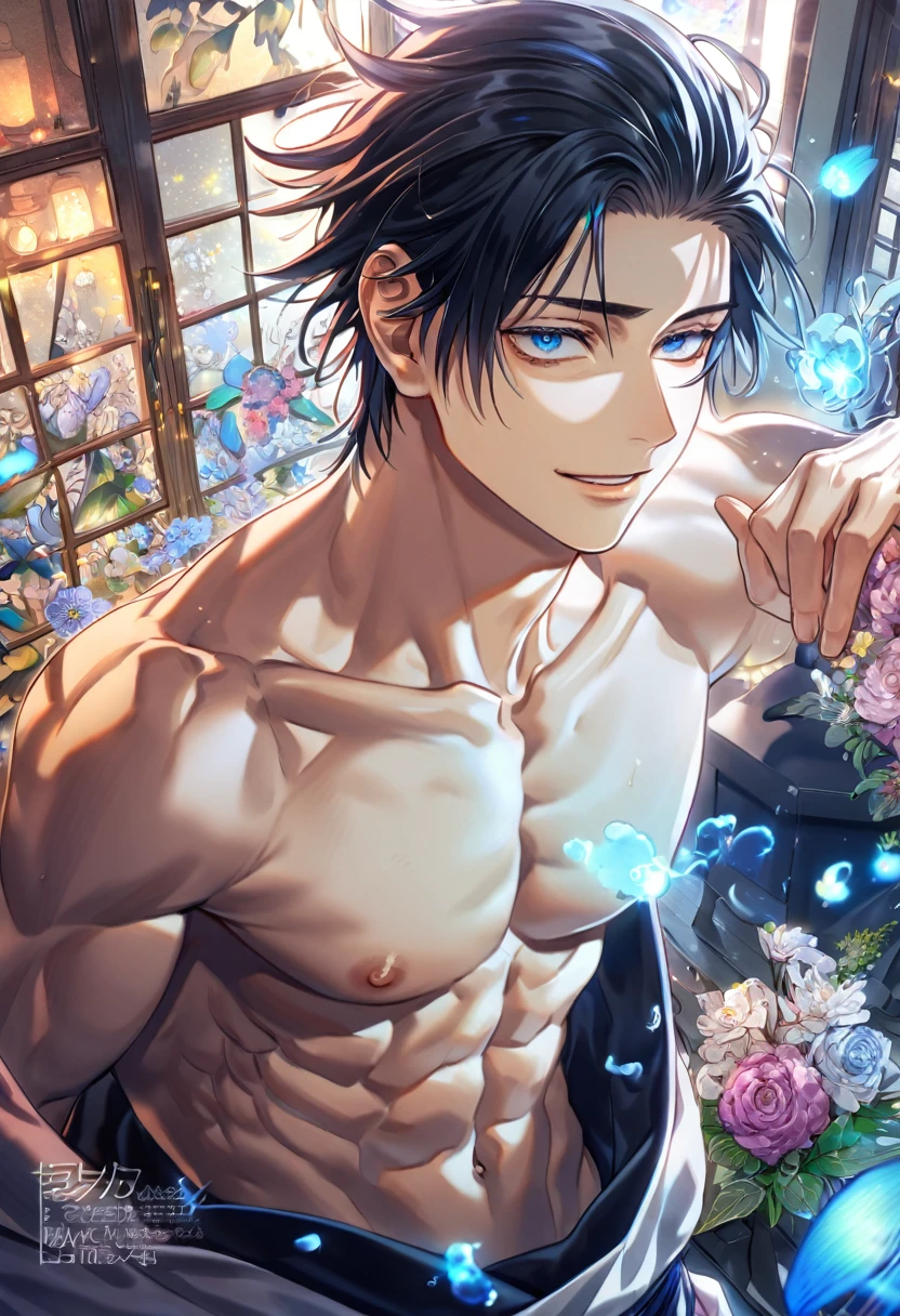 A man posing with his shirt off, in the style of smooth curves, lanky tall man, cut/ ripped, aurorapunk, white, tweencore, close - up, shiny , anime aesthetic，