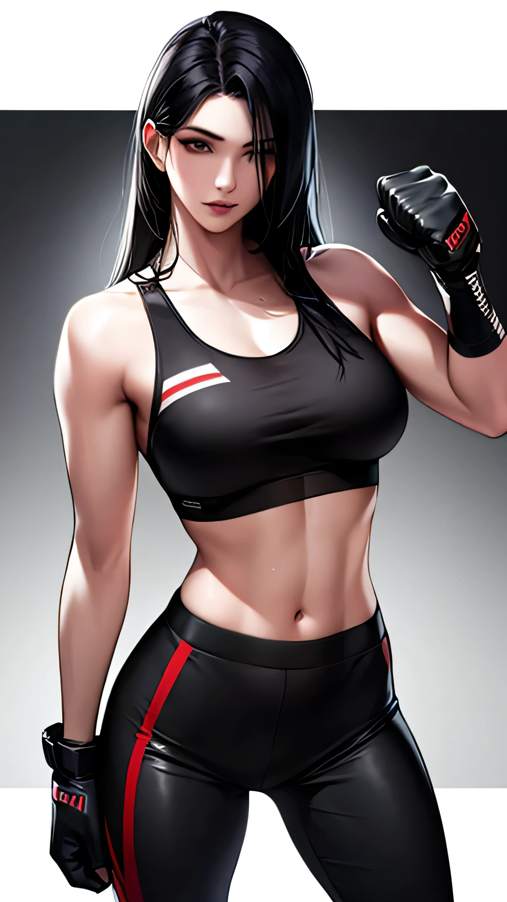 1 girl, 23 years old, long black hair, handsome face, sports bra, toned,muscular,long black pants, boxing gloves, high quality, masterpiece