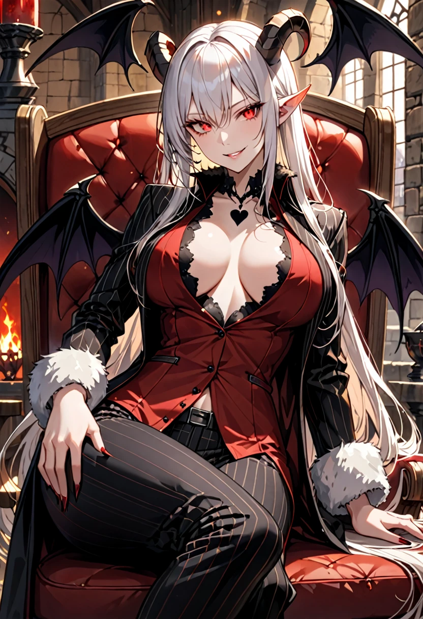 solo, female, long white hair, straight hair, black goat horns, short pointed ears, red eyes, slit pupils, large breasts, tall, medieval, black business suit, red dress shirt, spade tail, black demon wings, pinstripe suit, pinstripe pants, succubus, unbuttoned shirt, smirk, seductive, luxurious, lounge chair, curvaceous, warm, intimate atmosphere, close up, fur collar