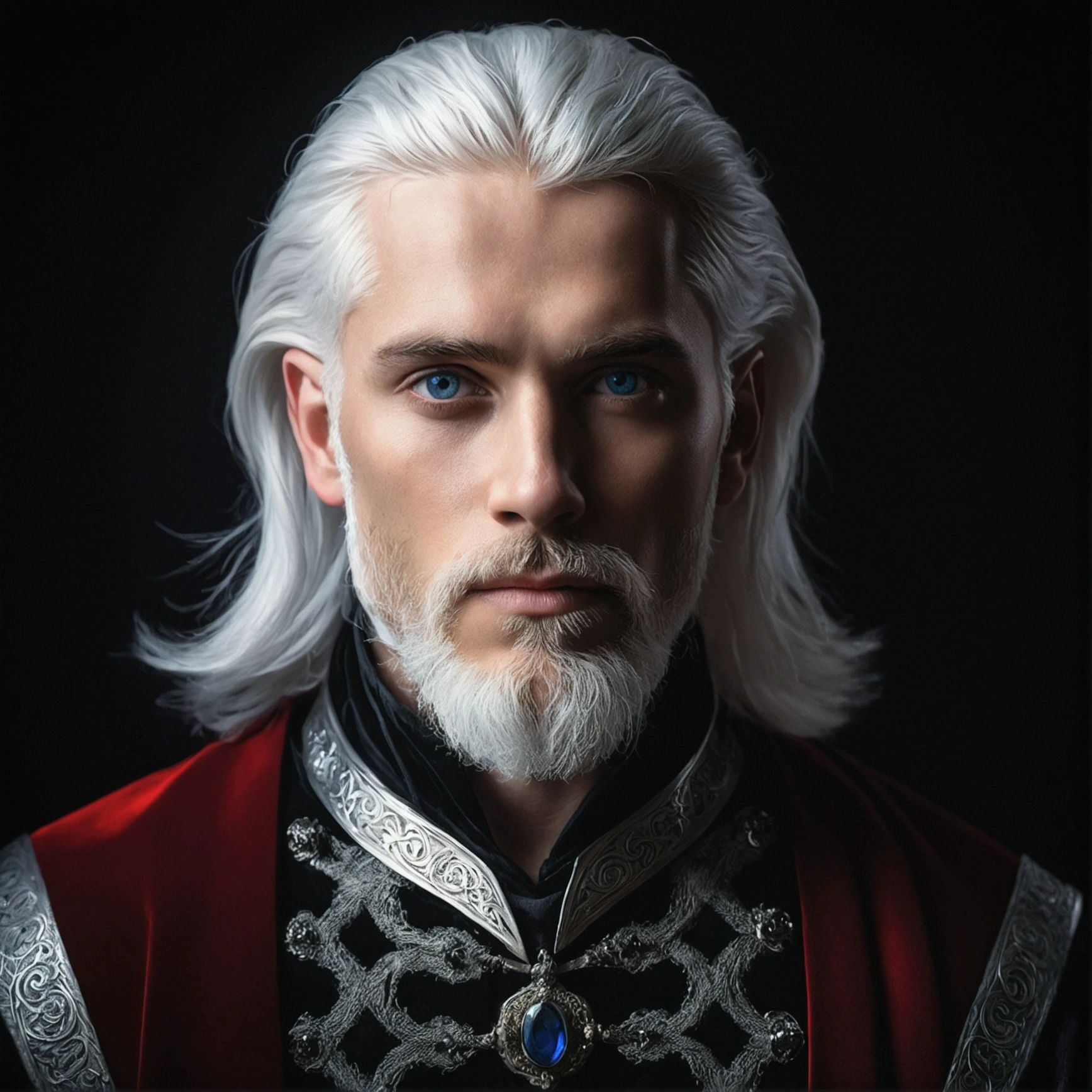 (a 30-year-old man with silver white hair and blue eyes, well-groomed e short silver white beard, wearing luxurious medieval red and black clothes,dramatic lighting,highly detailed,photorealistic,8k,cinematic,dramatic atmosphere,dark fantasy,dramatic pose,chiaroscuro lighting,moody lighting,dramatic shadows,stunning details)