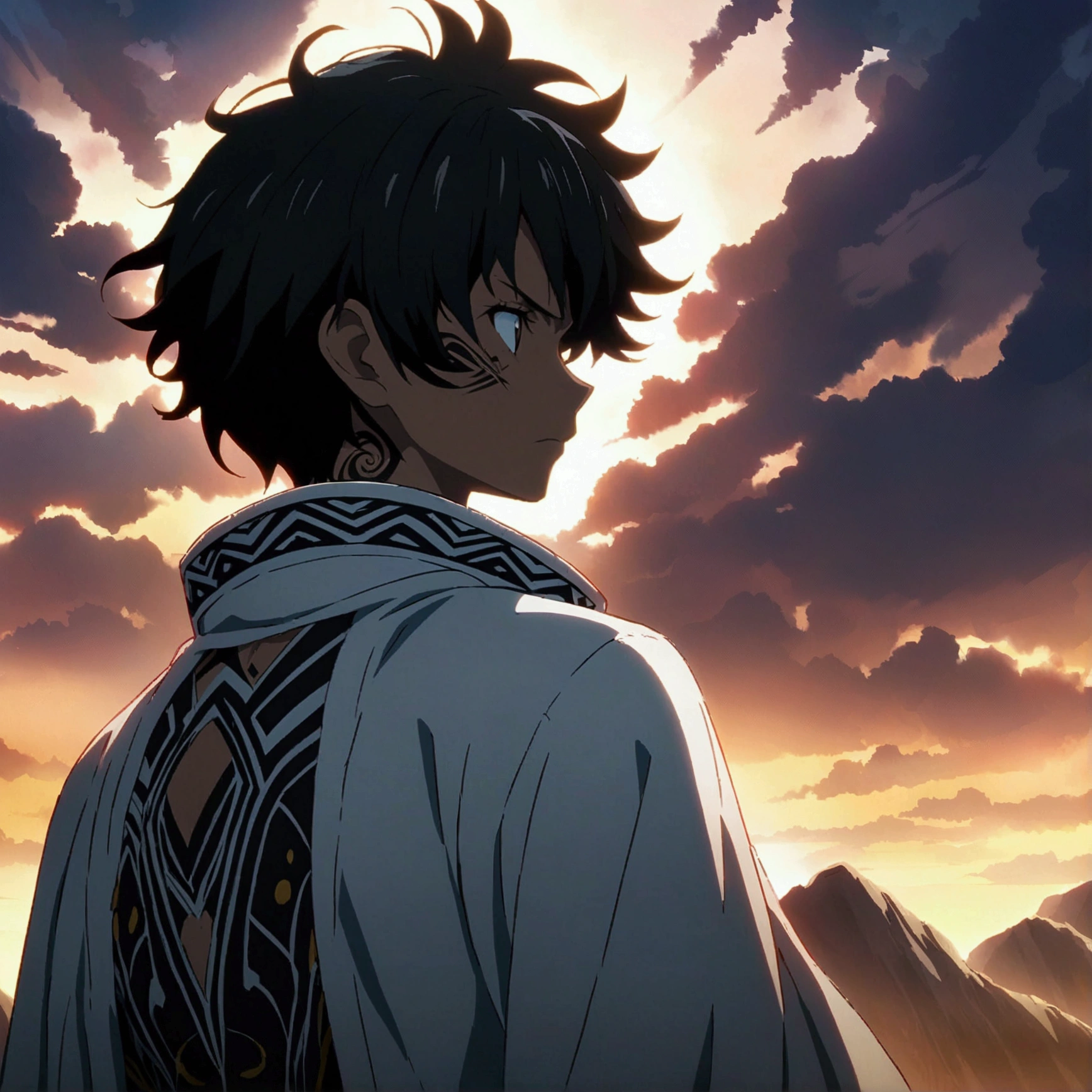 Black man, short hair, white overcoat, tribal tattoos on the body, small wings on the back, serious look, sky scenery, "One Piece-inspired anime design, filled with dramatic and impressive lighting, profile portrait, refined angle, infused with creative details, ultra-fine 2D design, scenery bathed in creativity, boasting 2D anime resolution clarity, HD anime graphics, high-octane rendering"