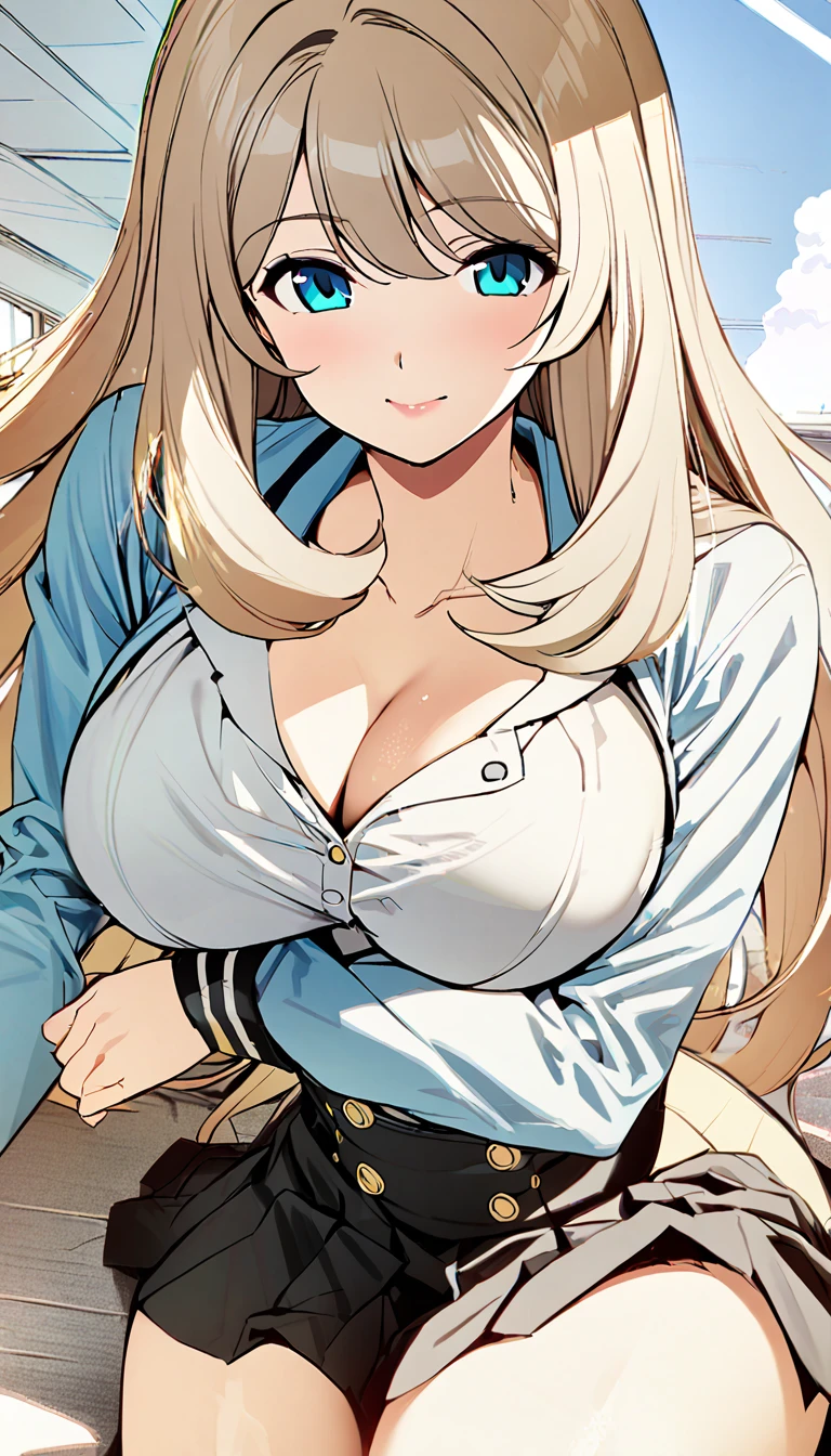 High detailed, 1 girl, solo, nonomi \(blue archive\), cyan eyes,brown hair,long hair, busty, chunky, yellow genetics's uniform, Juliet sleeves,  deep cleavage, whitet,pleated skirt