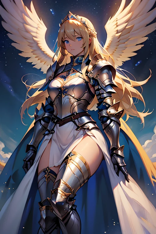 woman, long hair, blonde hair, blue eyes, wears armor, underneath the armor she wears pants that go down to the armor on her legs, and on her legs, armor goes up to her waist, on the arms She only wears bracelets, a tiara with two angel wings, a white dress with blue outlines, the setting is a starry sky.