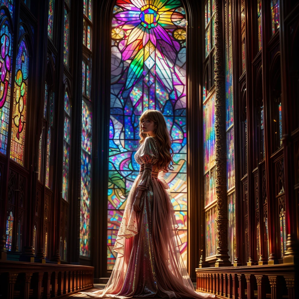 Red carpet (Cathedral from below:1.28) VolumetricLighting (FullBody ZoomedOut:1.28 Wide-shot) ZoomLayer (BokeH:1.32), TopQuality 8K masterpiece of ((Professional photo)), (((Clarisse de Cagliostro))) (Detailed Delicate White Dresses), Chain, Extremely detailed (KAWAII face) {(VeiledFace)|BlondeHair|(Spanking BuleEyes)}, The background is distant (((Elaborate stained glass))) Rainbow Glass, (MysticSight) {(GodRays)|Haze|TyndallEffect}, Radiant PearlSkin with Transparency, (Exposed:0.38)