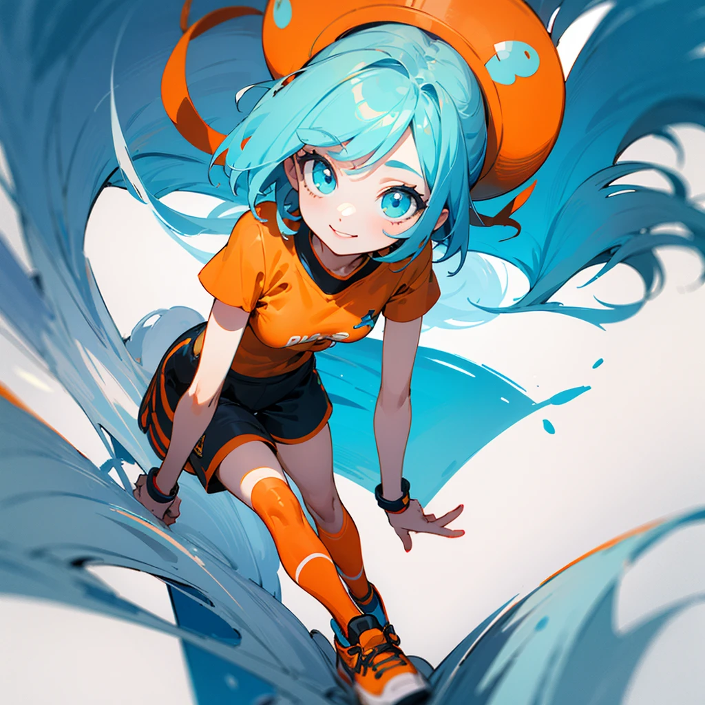 chibi beautiful girl, short cyan hair, big cyan eyes, small breasts,  and slender, 8K, top quality, (very detailed head: 1.0), (very detailed face: 1.0), (very detailed hair: 1.0), orange t shirt, black shorts, cyan air Jordan shoes, orange socks, very detailed official artwork, 8k, high quality, High definition, clean detailed anime art, smile, with white background
