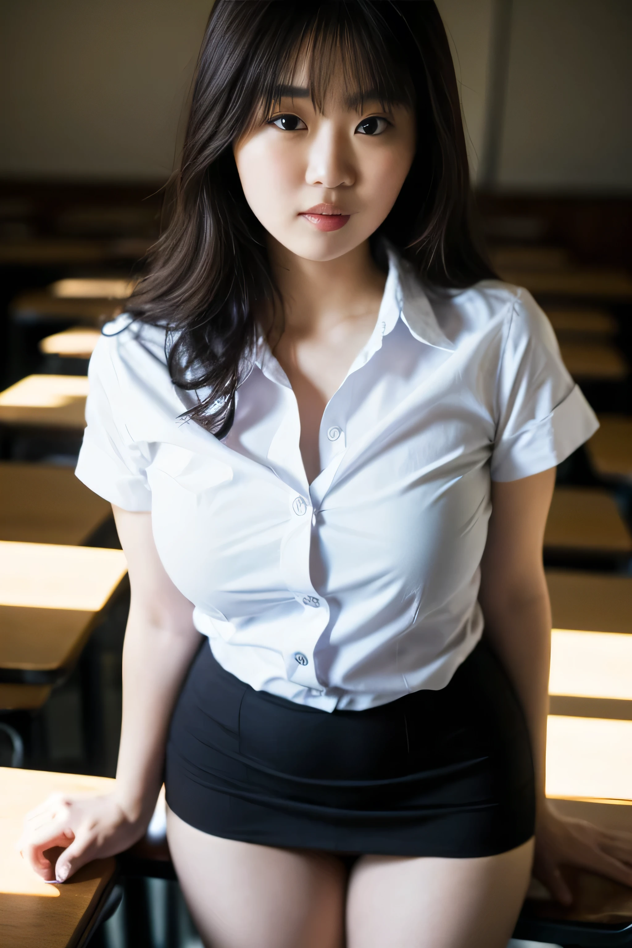 Close up,1 girl{{A beautiful girl wearing a white short-sleeved shirt and a black short A-line skirt}} stood in the classroom.  sexy poses  with several lecture tables set up behind it  There is a sliding glass window.  There was evening light streaming into the room.