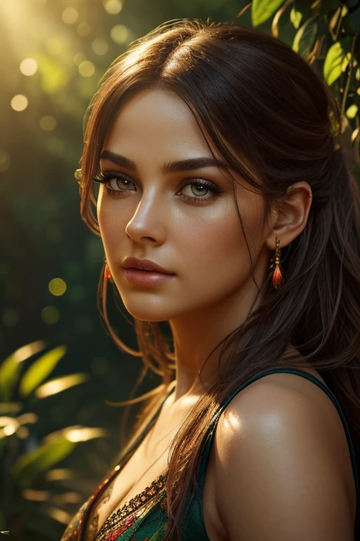 A lush, overgrown garden filled with vibrant, wild plants, (1girl,beautiful detailed eyes,beautiful detailed lips,extremely detailed eyes and face,longeyelashes), (best quality,4k,8k,highres,masterpiece:1.2),ultra-detailed,(realistic,photorealistic,photo-realistic:1.37),HDR,UHD,studio lighting,ultra-fine painting,sharp focus,physically-based rendering,extreme detail description,professional,vivid colors,bokeh,concept art,fantasy,warm colors,dramatic lighting