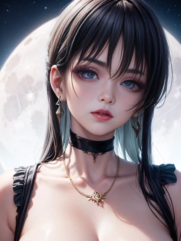 Depth of bounds written, detailed eye, ((CG illustration)), ((face focus)), ((masterpiece)), ((8K)), ((super detailed)), ((Super high quality)), ((cinematic)), ((Photoreal)), ((close up shot)), (solo), (cool girl), very long hair, straight hair, (((thin body))), Glossy skin, ((look away)), (Beautiful goth girl with high cheeks and legs), Gothic makeup, clear eyes, lipstick, dark eye shadow, ((No bra)), choker, earrings, provoke, night, ((full moon)), ((Functional)), Lonely, Visual kei, ((pastel colour)), Unwound clothes, forget, kiss, White Knight, dark, silence