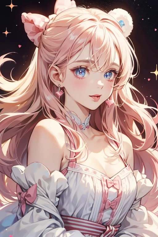 A pale cream-white GIRL bear with a swirl of probably cherry icing on the top of her head. A pale pink bow is on the right ear. Her eyes and nose are brown, and she sticks her tongue out. SPARKLE; GLITTER