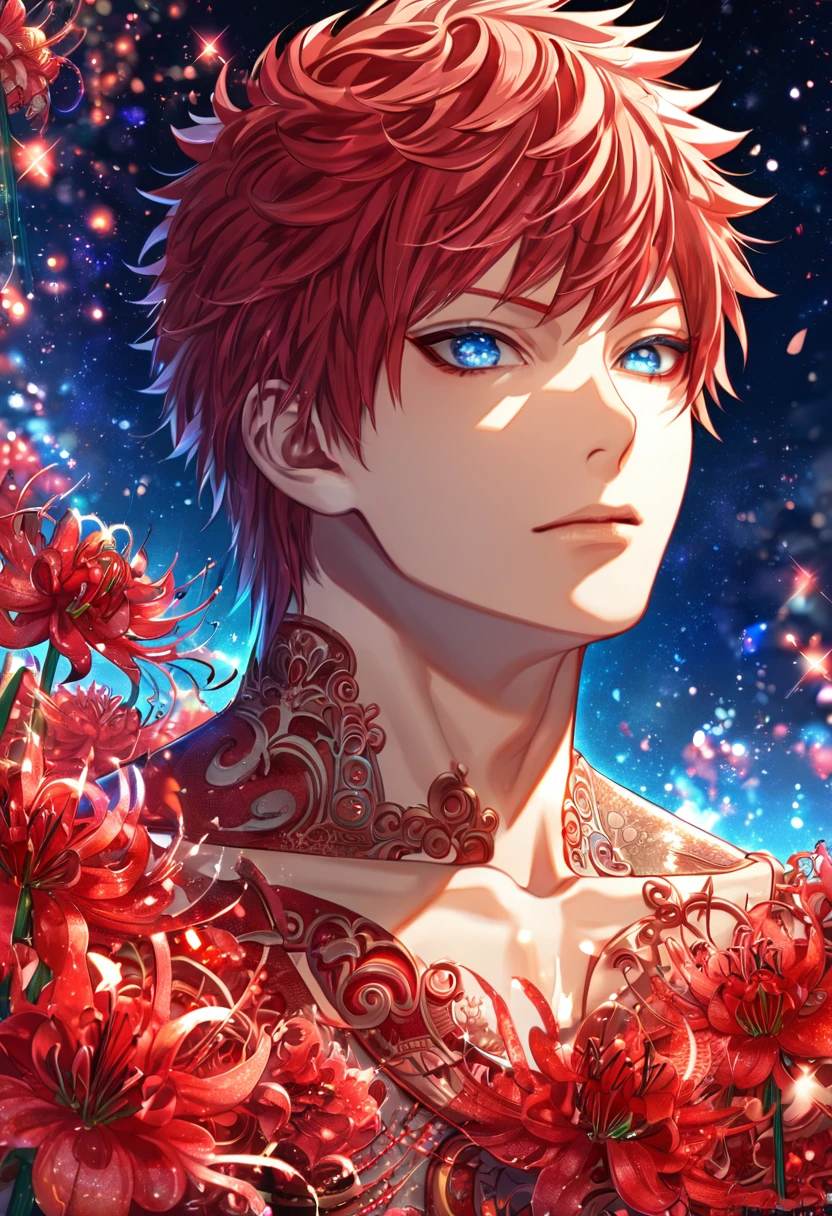 absurdres, highres, ultra detailed, HDR, master piece, best quality, extremely detailed, Gaara, red hair, expressive blue eyes, Naruto Shippuden, solo, sexy man, handsome, red clothes, fantasy, red blood water, sparkling, red glittering fireflies, red moon, red blossoms, red spider lilies, red sparkling lights, starry sky, magical