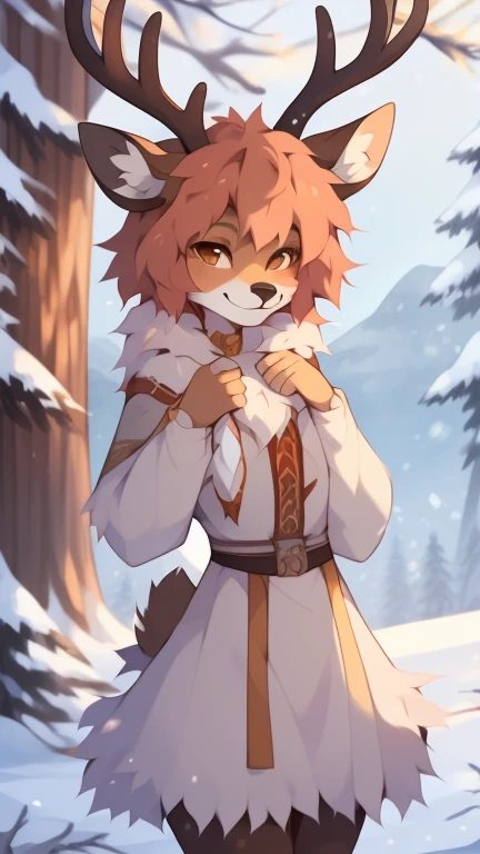 ((by reysi)), Best quality, Super detailed illustration, (fluffy deer boy:1.4) , feminine face and body, disheveled thick hair, warm clothes of the northern peoples, warm colors, decorations on clothes, smug smile, against the backdrop of a winter forest and high snow-capped mountains ,a femboy ,small waist, wide hips, slim, perfect body, 