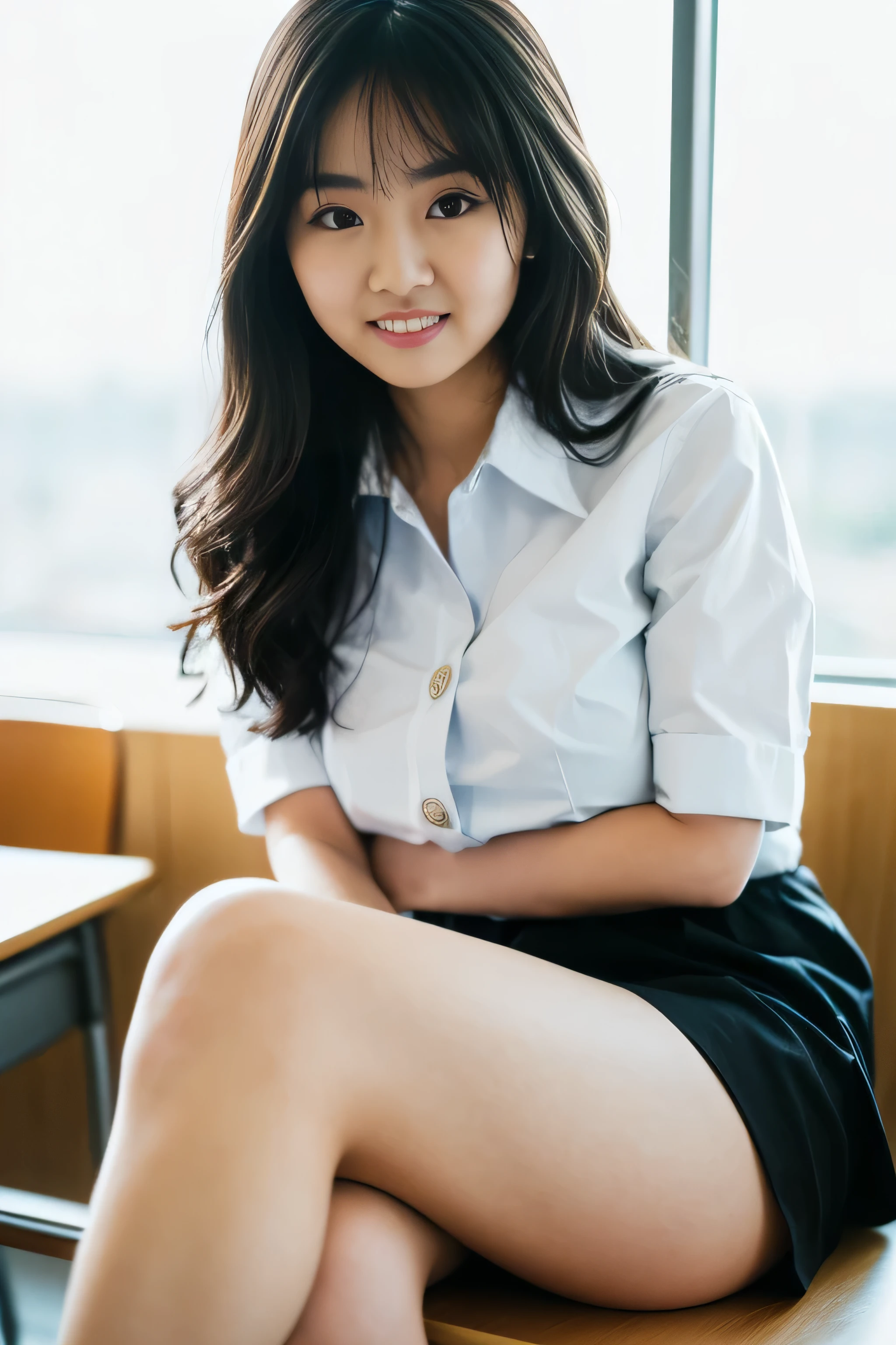 Close up,1 girl{{A beautiful woman wearing a white short-sleeved shirt and a short black A-line skirt}} sits with her legs spread apart on a lecture table in the classroom, striking a sexy pose.  with several lecture tables set up behind it  There is a sliding glass window.  There was evening light streaming into the room.