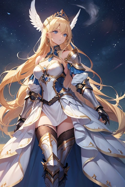 woman, long hair, blonde hair, blue eyes, wears armor, underneath the armor she wears pants that go down to the armor on her legs, and on her legs, armor goes up to her waist, on the arms She only wears bracelets, a tiara with two angel wings, a white dress with blue outlines, the setting is a starry sky.