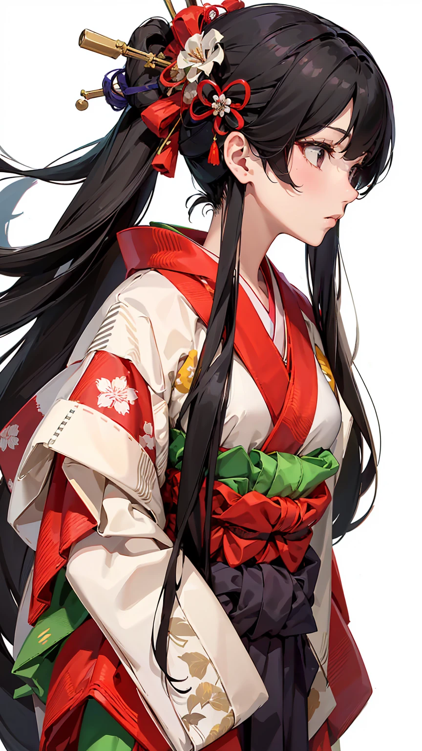 (masterpiece, Highest quality:1.2), One Girl, alone, (Twelve-layered kimono:1.2), (12-layer kimono:1.2), (Very long straight black hair:1.2), (Hair accessories are prohibited:1.2), Red kimono, Court coat of arms, Open burdock, Purple and red hakama, White Moscato, Red bordered strip, Whole Body, From diagonally ahead, from the front, From the side, Simple Background, Blank Background,