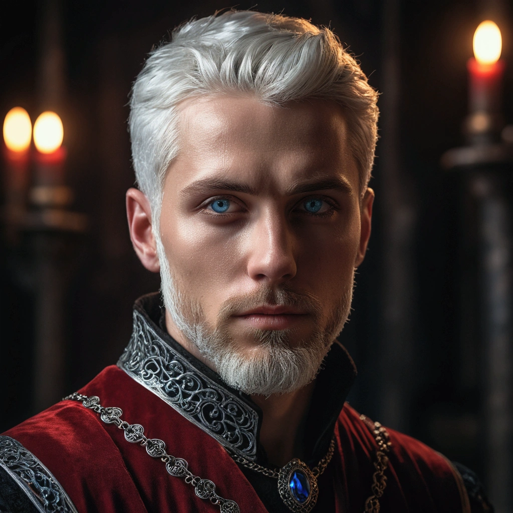 (a 30-year-old man with short silver white hair and blue eyes, well-groomed e short silver white beard, wearing luxurious medieval red and black clothes,dramatic lighting,highly detailed,photorealistic,8k,cinematic,dramatic atmosphere,dark fantasy,dramatic pose,chiaroscuro lighting,moody lighting,dramatic shadows,stunning details)