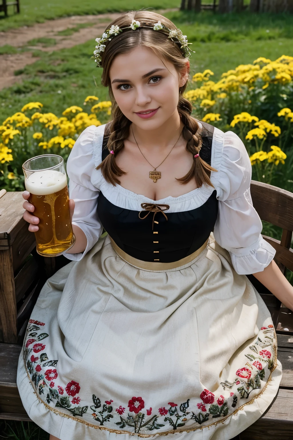 from above view,  raw a scene featuring traditional German costumes from the 1930s. looking at viewer, female 20 years-old, (brown hair ,double braid, smile), (flower crown gold neckless, lady's watch),  (little fat body, holding Beer mug and Frankfurt sausage), (The women are wearing  embroidered Dirndls, which include a close-fitting bodice with a low neckline, a blouse worn under the bodice, a wide high-waisted skirt, and many  flower arrange black embroidered  apron).  The setting is a rural village during a festival, with people engaging in traditional activities and celebrating their heritage .textured skin , HI detailed skin, (foreshortening, Canon, 8K, anatomically correct, super detail, high details, highness)