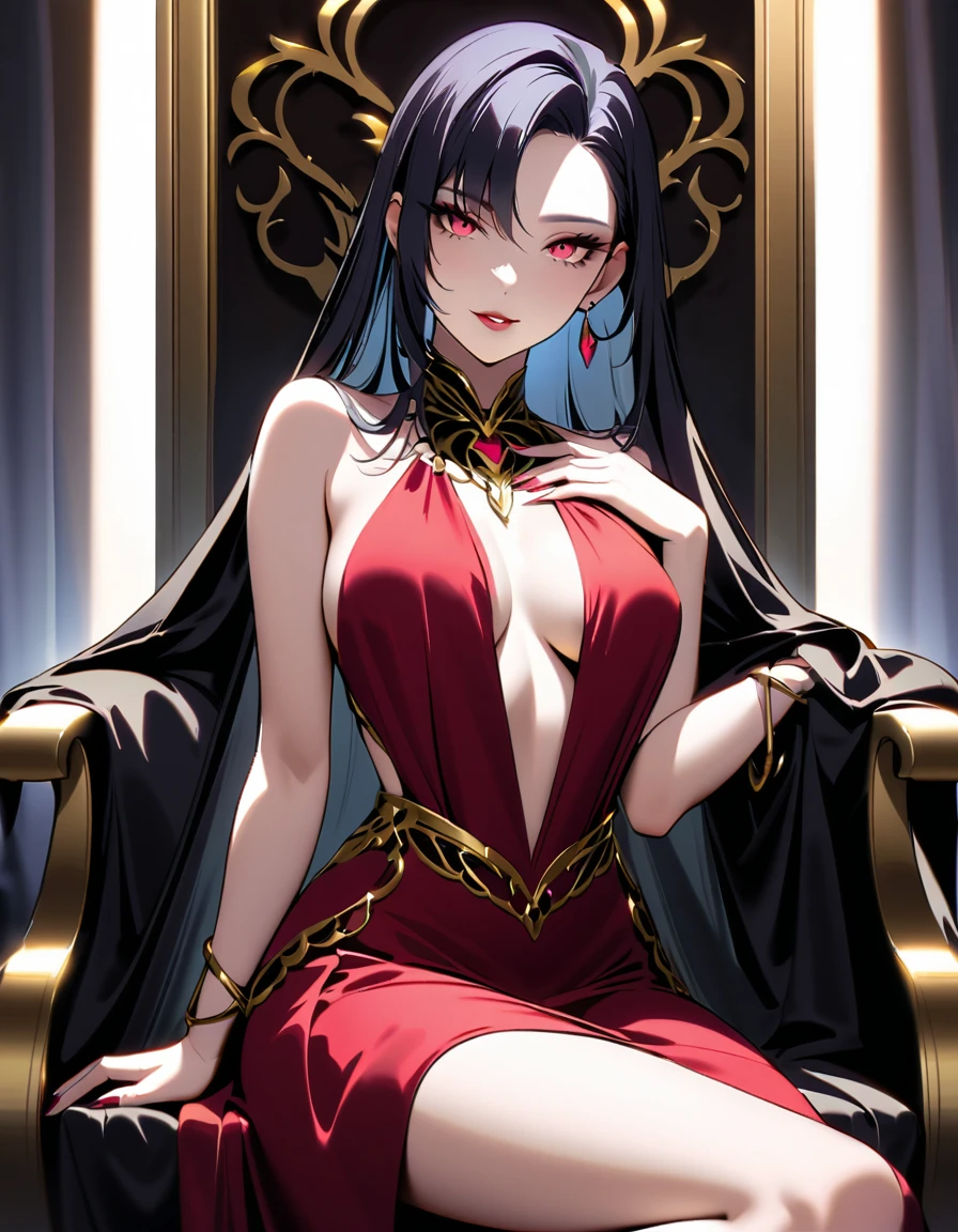 A sultry, mature femme fatale sits poised on a velvet-draped throne, her piercing gaze mesmerizing the viewer. Her porcelain skin glows under soft, golden lighting, accentuating the subtle curves of her chiseled features. A sly smile plays upon her full lips, as if daring the viewer to succumb to her charm. Her raven tresses cascade down her back like a waterfall of darkness, framing her captivating beauty. The background is shrouded in mystery, with only hints of shadows and misty darkness, allowing the subject's alluring presence to dominate the frame.