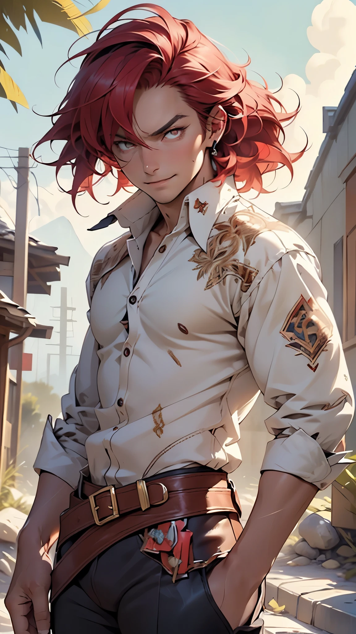 (man:1.5),1 man,cowboy western gunslinger,(((1man))),((man with messy red hair)),
(((1male,man:1.5,handsome man,male,male gender:1.5,male focus))),macho man,((messy red hair,detailed hair,highly detailed hair,red hair,hair over one eye:1.2,colored inner hair)),(((dark_red_eyes:1.2))),intricate eyes,beautiful detailed eyes,symmetrical eyes,(((lustrous skin:1.5,tanned skin,bright skin: 1.5,skin tanned,shiny skin,very shiny skin,shiny body,illuminated skin))),((man chest)),handsome face,((muscular)),(detailed face),
nsfw,
(((bare chest))),dark pants,((bulge in pants)),((gunfighter outfit, (cowboy western hat:1.2))),(wearing a gunfighter outfit:1.3,gunslinger clothes),(cowboy western gun holster,belt),((intricate outfit,intricate clothes)),
(dynamic pose:1.0),solo focus,((evil smile,evil look)),(centered,scale to fit dimensions,Rule of thirds),
outdoors,(in the mountains. Nevada desert visible. sunset),scenery,extremely scenery,(sunset, golden hour),
(Glossy old western ornaments),highres,sharp focus,(ultra detailed,extremely detailed),(photorealistic artwork:1.37),(extremely detailed CG unity 8k wallpaper),(((vibrant colors,vibrant theme))),(intricate),(masterpiece),(best quality),artistic photography,(photography taken by sldr),(intricate background),perfect rendered face,perfect face details,realistic face,photo realistic,((intricate detail)),(((realism))),