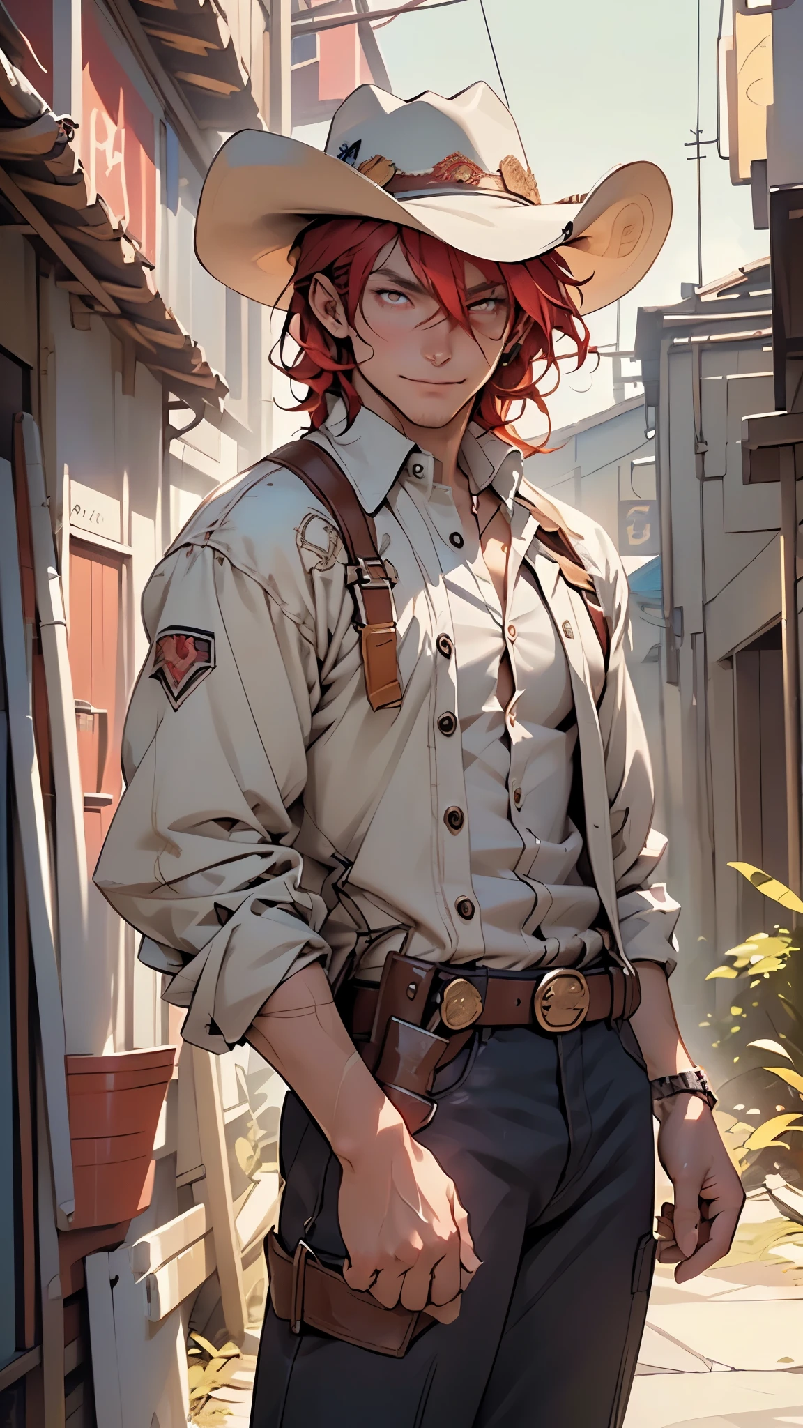 (man:1.5),1 man,cowboy western gunslinger,(((1man))),((man with messy red hair)),
(((1male,man:1.5,handsome man,male,male gender:1.5,male focus))),macho man,((messy red hair,detailed hair,highly detailed hair,red hair,hair over one eye:1.2,colored inner hair)),(((dark_red_eyes:1.2))),intricate eyes,beautiful detailed eyes,symmetrical eyes,(((lustrous skin:1.5,tanned skin,bright skin: 1.5,skin tanned,shiny skin,very shiny skin,shiny body,illuminated skin))),((man chest)),handsome face,((muscular)),(detailed face),
nsfw,
(((bare chest))),dark pants,((bulge in pants)),((gunfighter outfit, (cowboy western hat:1.2))),(wearing a gunfighter outfit:1.3,gunslinger clothes),(cowboy western gun holster,belt),((intricate outfit,intricate clothes)),
(dynamic pose:1.0),solo focus,((evil smile,evil look)),(centered,scale to fit dimensions,Rule of thirds),
outdoors,(in the mountains. Nevada desert visible. sunset),scenery,extremely scenery,(sunset, golden hour),
(Glossy old western ornaments),highres,sharp focus,(ultra detailed,extremely detailed),(photorealistic artwork:1.37),(extremely detailed CG unity 8k wallpaper),(((vibrant colors,vibrant theme))),(intricate),(masterpiece),(best quality),artistic photography,(photography taken by sldr),(intricate background),perfect rendered face,perfect face details,realistic face,photo realistic,((intricate detail)),(((realism))),