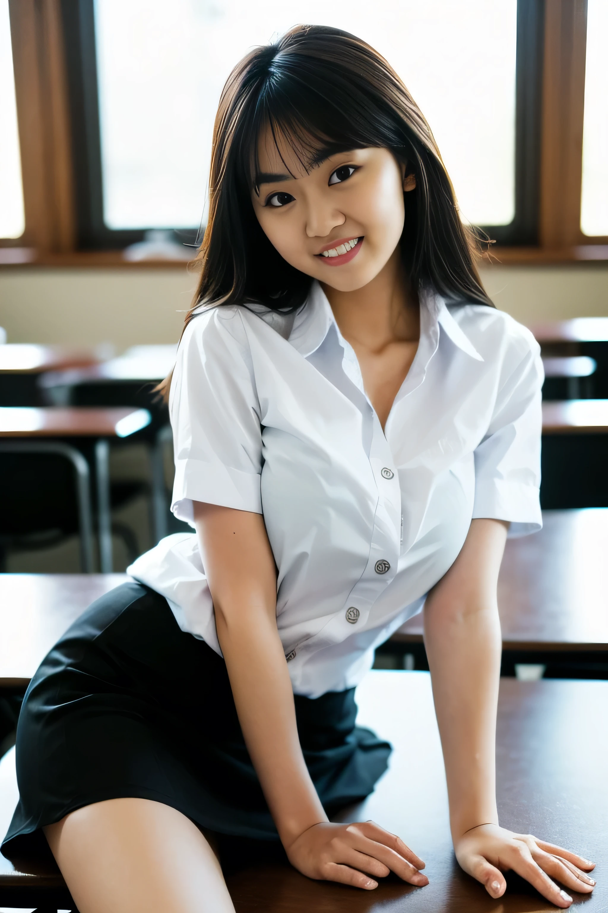 Close up,1 girl{{A beautiful woman wearing a white short-sleeved shirt and a short black A-line skirt}} sits with her legs spread apart on a lecture table in the classroom, striking a sexy pose.  with several lecture tables set up behind it  There is a sliding glass window.  There was evening light streaming into the room.