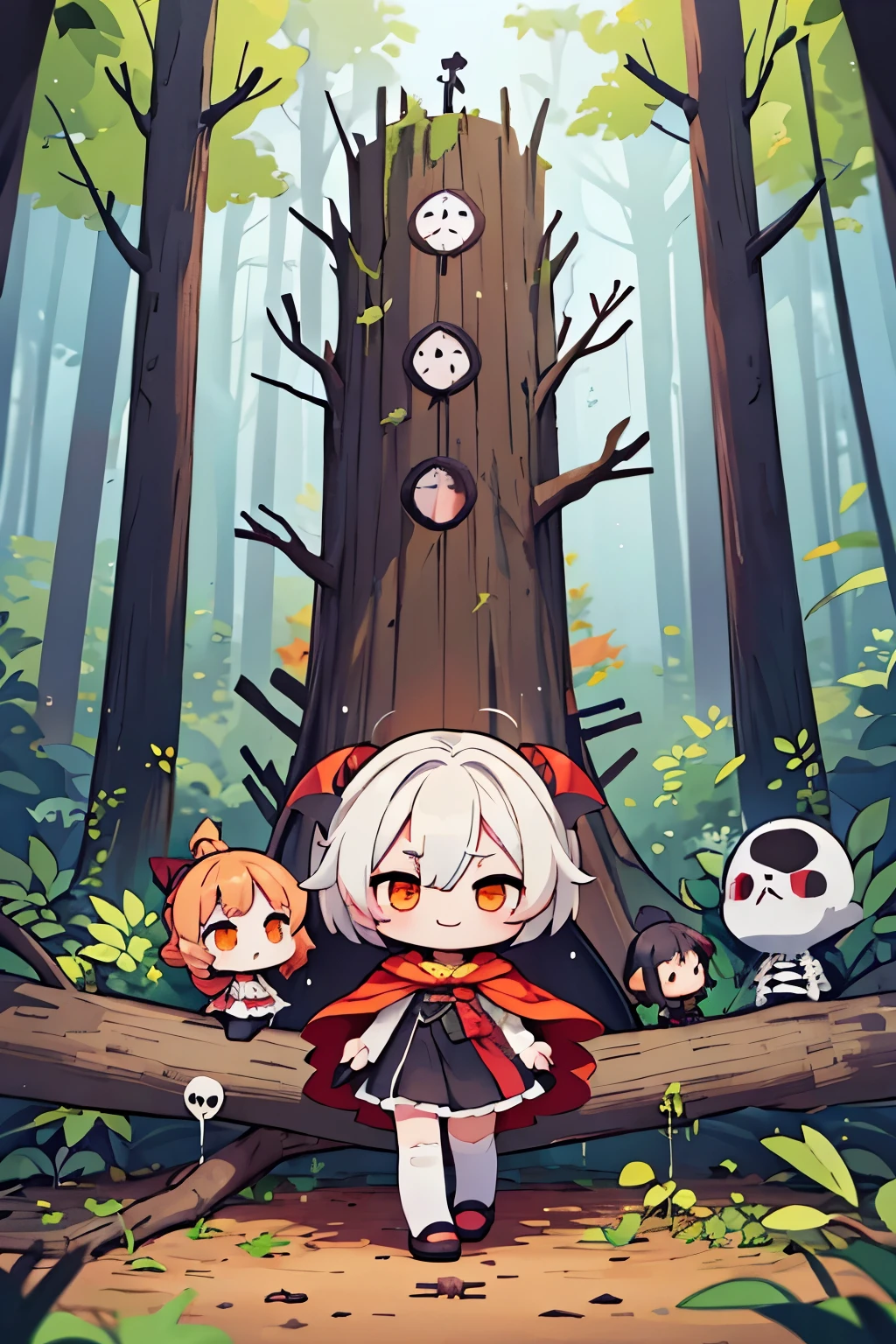 Photorealistic、Cute horror fantasy、Chibi Girl Doll（Devil Cosplay、Wicked Smile、Sagging under the eyes、Long eyebrows、Long nails、Orange eyes、Wear a long, big cloak） BREAK ,background(Musical notes around the doll, (dead tree:1.3), in the forest,shadow　the cardboard\(Bat,Skeleton,Crow\)\)
