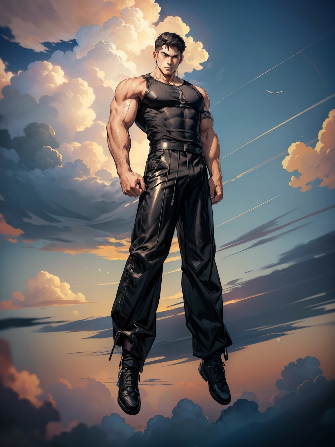 boys 26 Years old, Serious face, wearing black sleeveless shirt, black pants, black hair, levitate on sky, blue sky, cloud