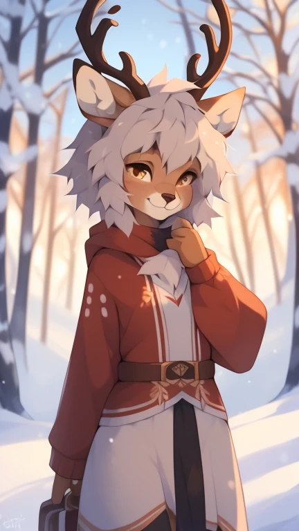 ((by reysi)), Best quality, Super detailed illustration, (fluffy deer boy:1.4) , feminine face and body, disheveled thick hair, warm clothes of the northern peoples, warm colors, decorations on clothes, smug smile, against the backdrop of a winter forest and high snow-capped mountains ,a femboy ,small waist, wide hips, slim, perfect body, 